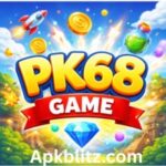 PK68 Game colorful 200x200 icon with bold gold text, coins, rocket, diamond, and vibrant fantasy background
